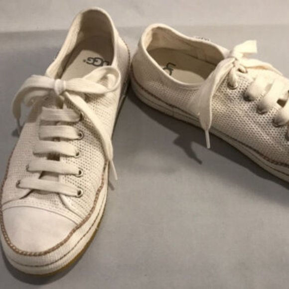 UGG LAUDI 1020094 SZ 7 Lace up Cream Beige Tan Fabric Sneakers Shoes VGC - Picture 3 of 11